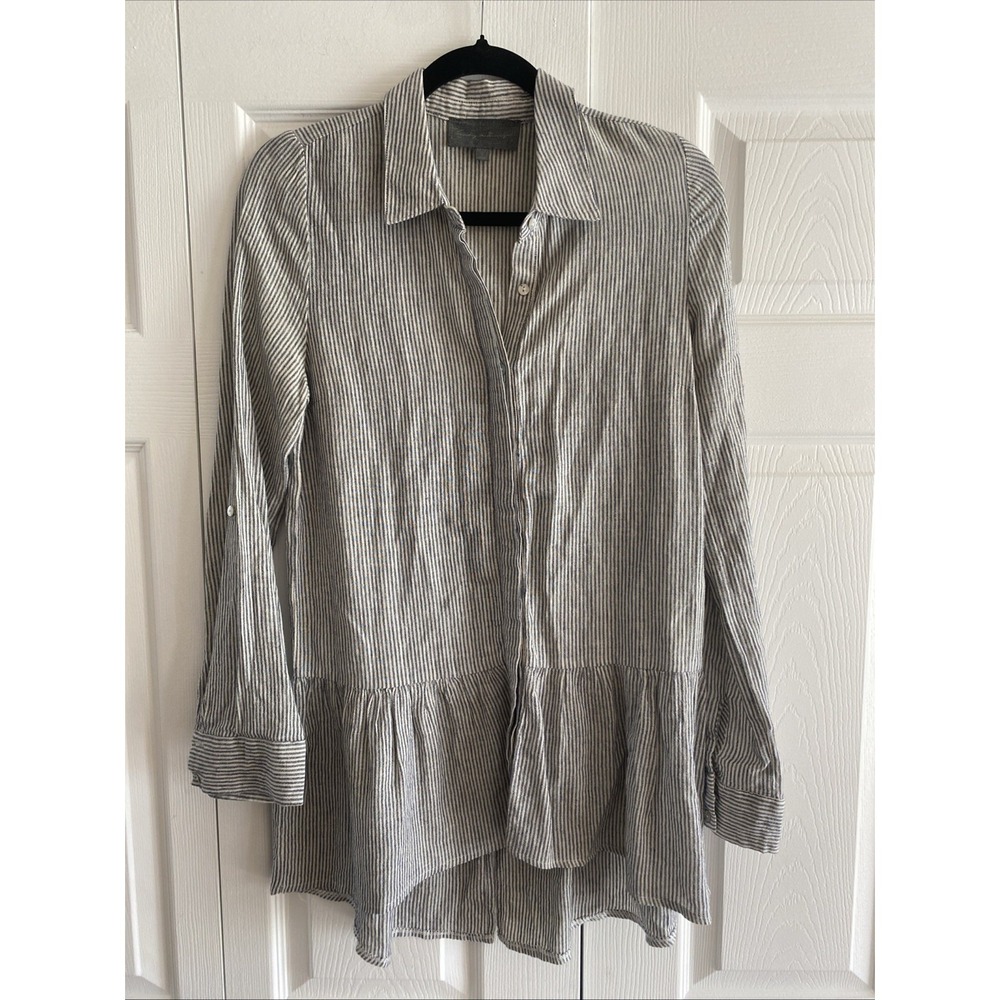 Sunday in Brooklyn Peplum Button Down Shirt Womens Size S Blue Stripe Linen